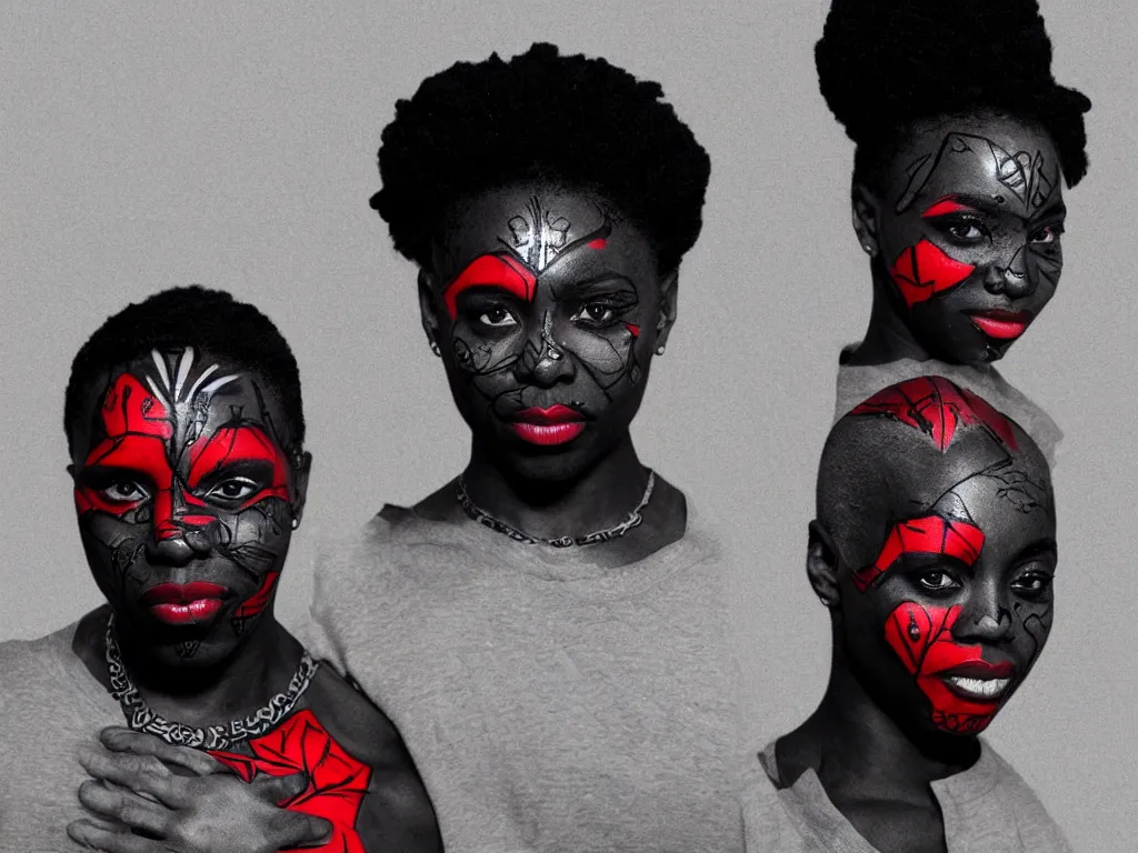 Prompt: wakanda forever, red black and white, ultraviolent, face tattoo