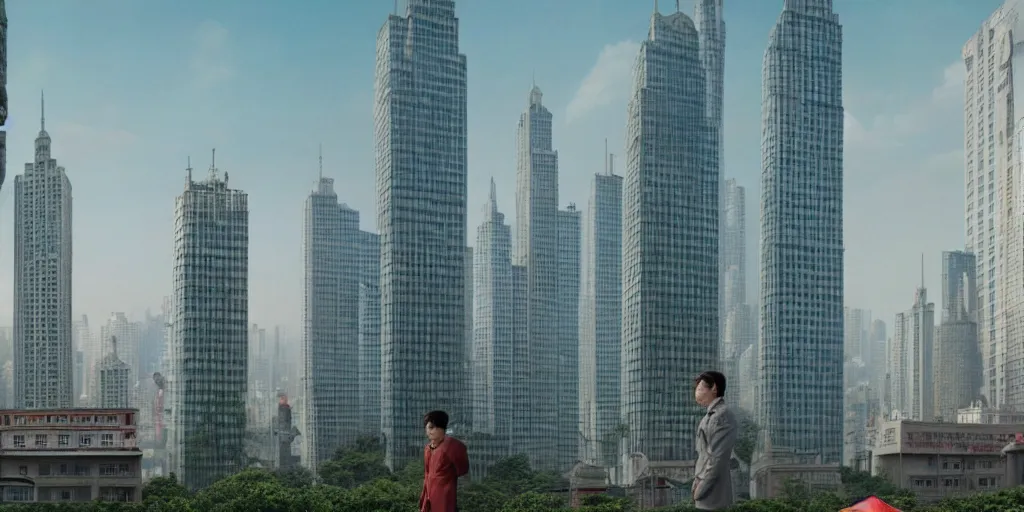 Prompt: a very high resolution image from a new movie, chinese building in front of modern skyscraper, front view, photorealistic, photography, directed by wes anderson