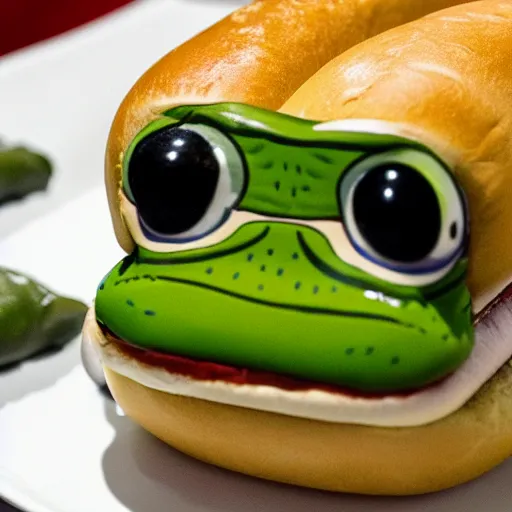 Image similar to pepe the frog in a hot dog bun piled on a grill