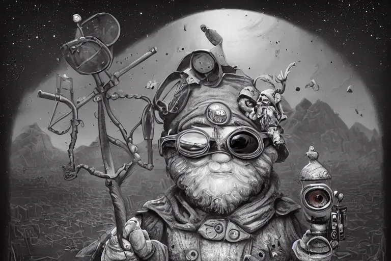 Prompt: a highly detailed forgotten garden gnome wearing goggles and head scarf surviving in a vast barren desert, hopeless wasteland background with a relentless raging sun overhead, post - apocalyptic road warrior vibe, dynamic pose, an ultrafine detailed painting by joe fenton, trending on deviantart, pop surrealism, whimsical, lowbrow, perfect symmetrical face, sharp focus, octane, masterpiece