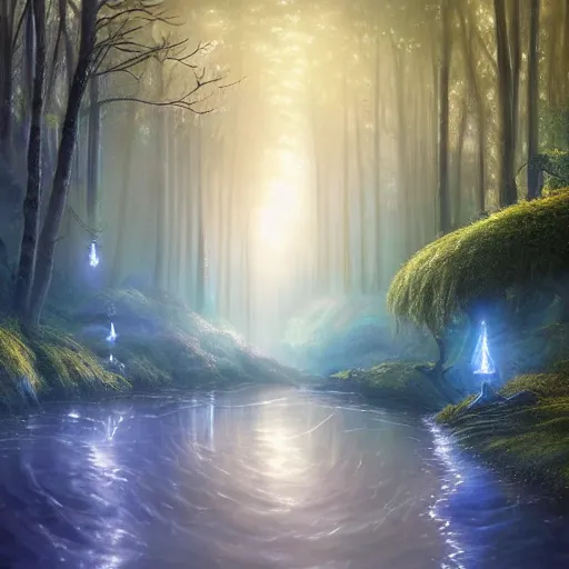 Image similar to a beutiful magical forest with a blue power source with runes on the side and a magical river by the side foggy realistic atmosferic casper david friedrich raphael lacoste vladimir kush leis royo volumetric light effect broad light oil painting painting fantasy art style sci - fi art style realism artwork unreal engine