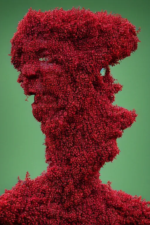 Image similar to a human figure made entirely out of redcurrant bushes ( ribes aureum ), surreal portrait, portra, 2 5 mm