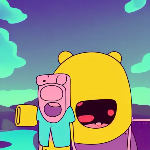 Image similar to Adventure Time Finn and Jake, synthwave, 4k, sharp, high details