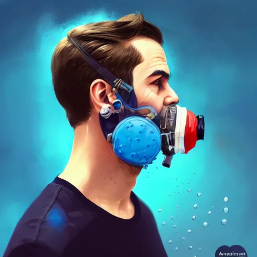 Image similar to a profile photo of a man with oxygen mask, side profile in underwater, highly detailed, digital painting, artstation, concept art, smooth, sharp focus, illustration by Sandra Chevrier