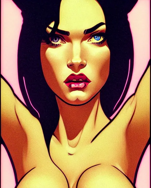 Prompt: low angle closeup very seductive megan fox retro scifi goddess pinup, vr goggles, action glamour pose, windblown dark hair, hyper detailed, digital art, studio lighting, smooth, ambient lighting, sharp focus, frank miller, wlop, anna dittmann, moebius!, alphonse mucha, patrick nagle!!!, rim lighting, synthwave