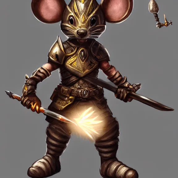 Prompt: warrior mouse with armor reaching for a floating crystal, RPG Portrait, trending on Artstation, Pose Study, ultra detailed, award winning