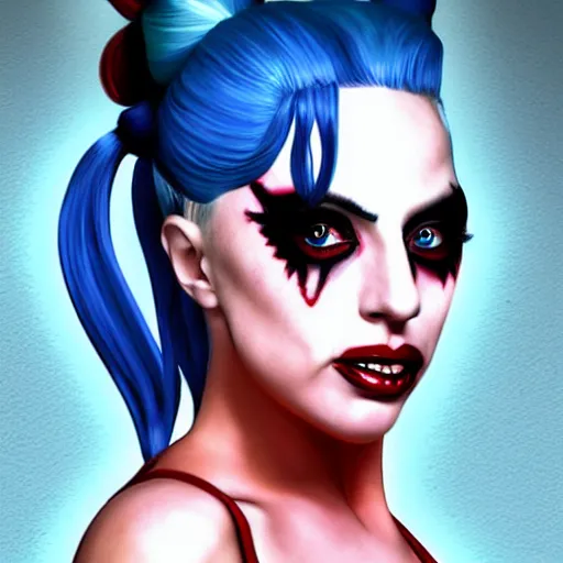 Image similar to photorealistic Lady Gaga as Harley Quinn