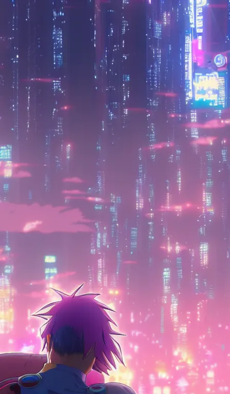 Image similar to anime fine details portrait of Buu in front of cyberpunk moder city landscape on the background deep bokeh, close-up view, anime masterpiece by Studio Ghibli. 8k, sharp high quality anime, artstation