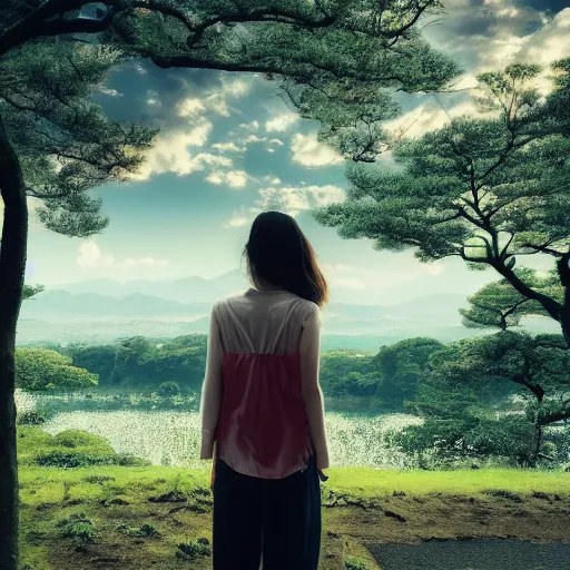 Prompt: a beautiful photograph of a girl with japan landscape in the background with trees, hdr, 8 k, high quality, sharp focus, artstation, highly detailed, award - winning, dramatic lighting, beautiful clouds, and nature