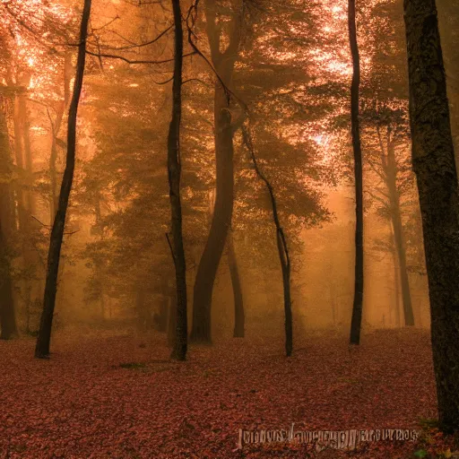 Prompt: dusk, fog 5 0 % visibility, gray wood forest and reddish leaves.