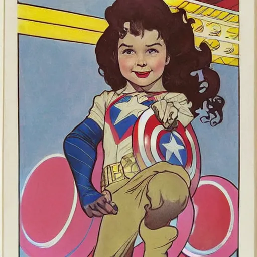 Image similar to a little girl with a mischievous face and light brown curly wavy hair. she is dressed as captain america, spider - man, batman, captain marvel, a superhero. well composed, clean elegant painting, beautiful detailed face. by steve ditko and jack kirby and alphonse mucha