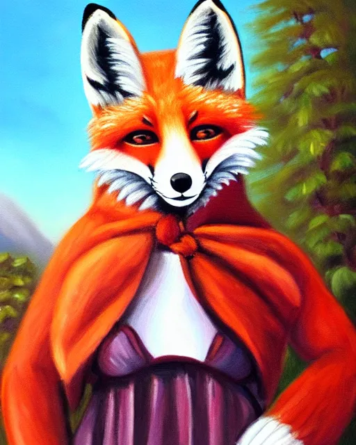 Prompt: oil painting portrait of anthropomorphic female fox animal dressed in sweater and scarf, fox animal, movie studio in background, location movie studio, oil painting,