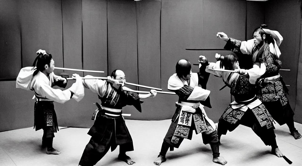 Image similar to samurai fighting in the backrooms