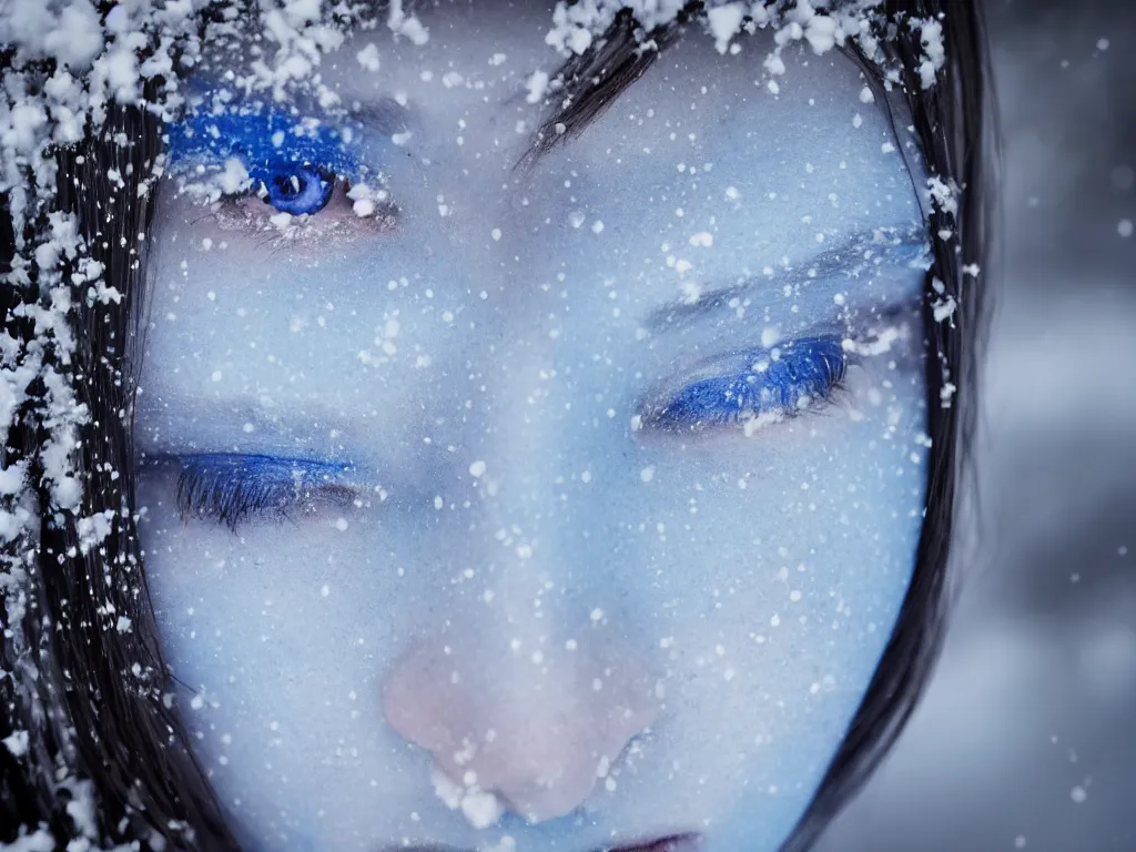 Prompt: the piercing blue eyed stare of yuki onna, blue skin, mountain blizzard and snow, canon eos r 6, bokeh, outline glow, asymmetric unnatural beauty, blue skin, centered, rule of thirds
