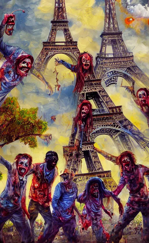 Prompt: beautiful detailed photorealistic painting of a group of friends dressed as zombies in front of the eiffel tower. the friends are happy and having fun. vibrant, high quality, vibrant colors, very funny, beautiful, hq. hd. 4 k. award winning. trending on artstation