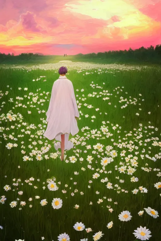 Image similar to giant white daisy flowers over head veil, girl walking in a flower field, surreal photography, sunrise, dramatic light, impressionist painting, colorful clouds, digital painting, artstation, simon stalenhag