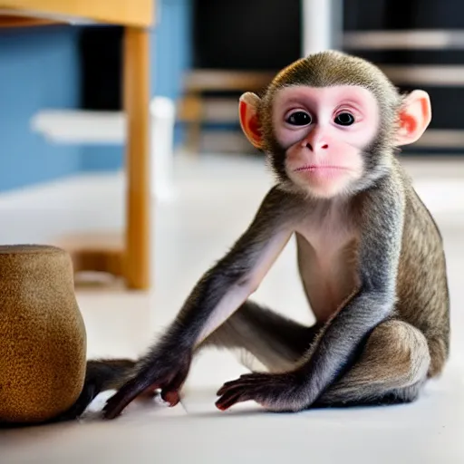 Prompt: little monkey sitting on a ikea stool