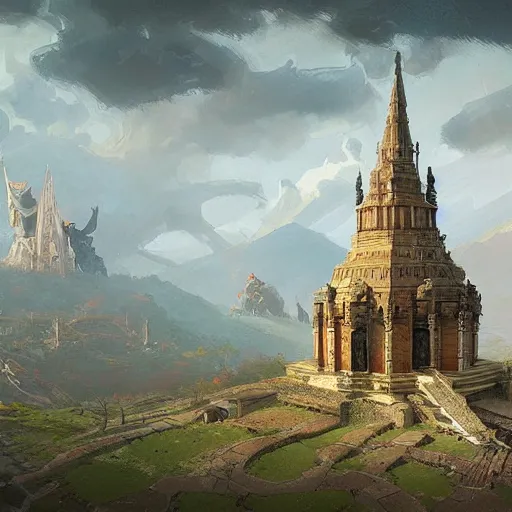 Image similar to slavic temple, greg rutkowski, view from sky,