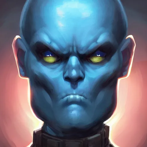 Prompt: centered mid ground full face portrait of an angry soldier with glowing blue eyes, a bald head and blue skin, rogue trooper, cyberpunk dark fantasy art, official fanart behance hd artstation by jesper ejsing
