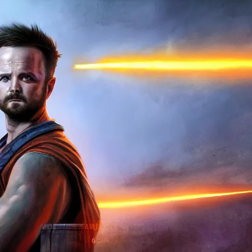 Image similar to a digital portrait painting of an aaron paul bounty hunter, matte painting, hyper realistic, very detailed, dramatic scene, orange and blue colors, realistic lighting, dark fantasy, 4 k, in the style of greg rutkowski,