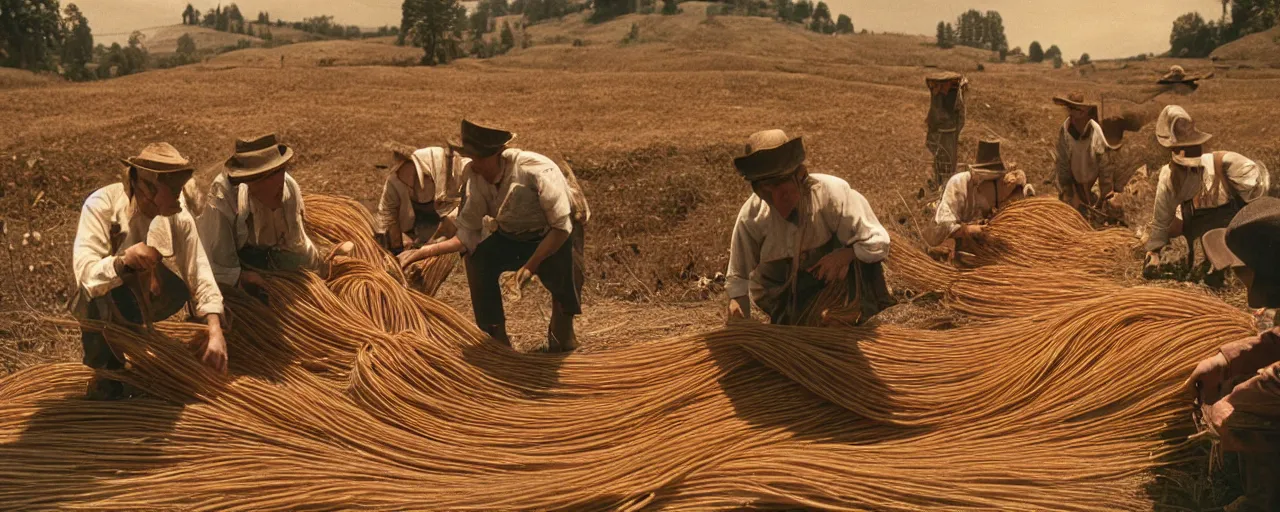 Image similar to wide shot harvesting spaghetti during the gold rush, no faces, intricate, sigma 5 0 mm, cinematic lighting, photography, wes anderson, film, kodachrome