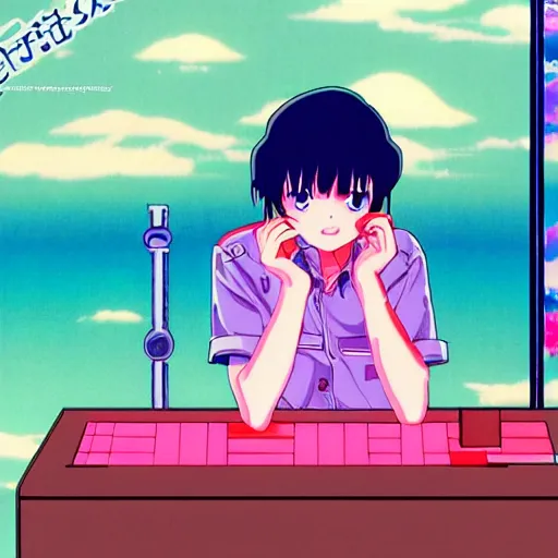 Prompt: girl sitting at her computer, sprite, vaporwave nostalgia, directed by beat takeshi, visual novel cg, 8 0 s anime vibe, kimagure orange road, maison ikkoku, sketch by osamu tezuka, directed by makoto shinkai and beat takeshi