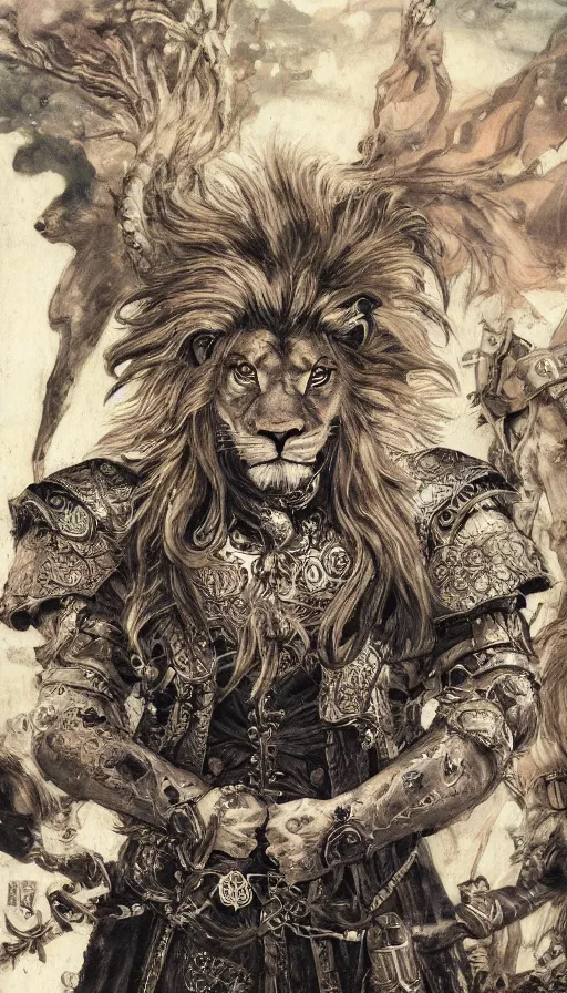 Image similar to 8 k yoshitaka amano painting of upper body of a young cool looking lion beastman with white mane at a medieval market at windy day. depth of field. he is wearing complex fantasy clothing. he has huge paws. renaissance style lighting.