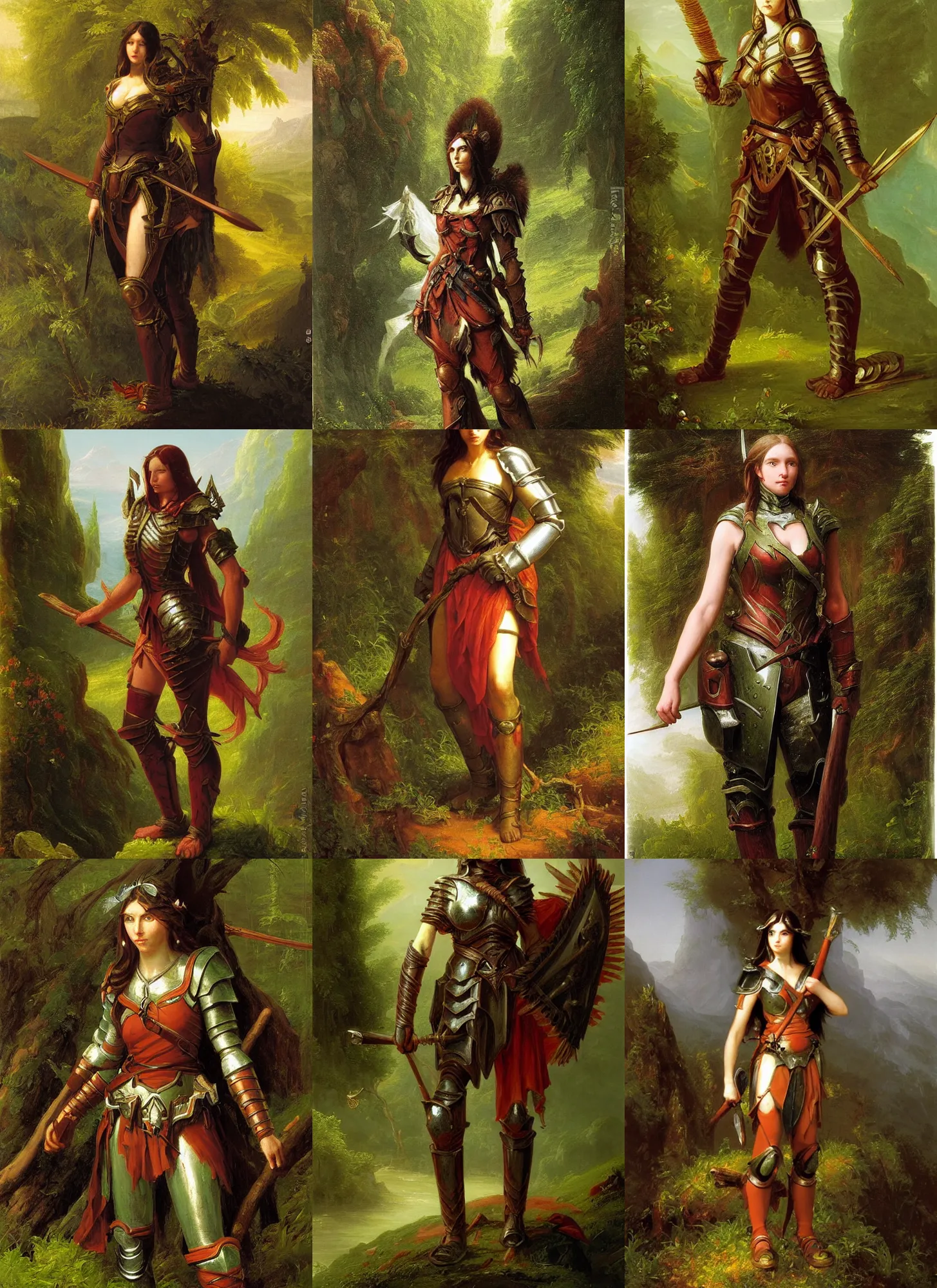 Prompt: thomas cole painting of a detailed d & d style full body beautiful face female forest warrior wearing full armor