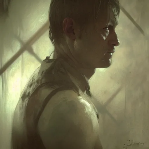 Image similar to hyperrealist portrait of james sunderland from silent hill 2 by jeremy mann and alphonse mucha, fantasy art, photo realistic, dynamic lighting, artstation, poster, volumetric lighting, very detailed faces, award winning