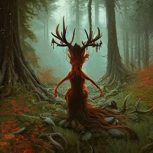 Image similar to highly detailed creepy forest creature with antlers, stephen bliss, unreal engine, fantasy art by greg rutkowski, loish, rhads, ferdinand knab, makoto shinkai and lois van baarle, ilya kuvshinov, rossdraws, tom bagshaw, global illumination, radiant light, detailed and intricate environment