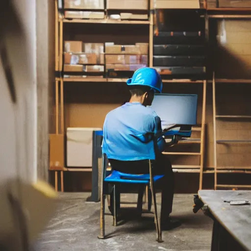 Image similar to a polaroid photo of man using a laptop inside in warehouse, he sitting on chair and small table, he's wearing blue cloth and construction hat, behind him is a very scary monster watching him work, photo from behind, highly details, perfect face shape, cinematic lighting,