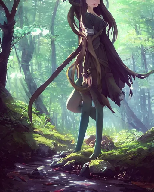 Prompt: an elven girl with a big skunk tail standing in the forest, atmospheric lighting. By Makoto Shinkai, Stanley Artgerm Lau, WLOP, Rossdraws, James Jean, Andrei Riabovitchev, Marc Simonetti, krenz cushart, Sakimichan, D&D trending on ArtStation, digital art.