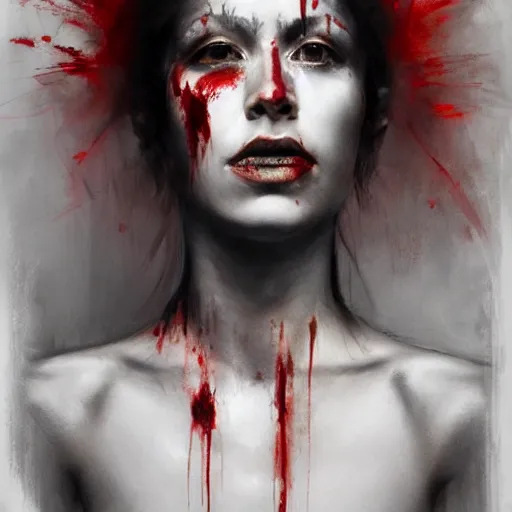 Image similar to portrait of the god of death, beautiful female face, angelic, dark, blood, by jeremy mann, by lucian freud, god rays, female warrior, warrior face painting red, wings, holding a weapon, intricate, highly detailed, trending on artstation, award winning, cinematic