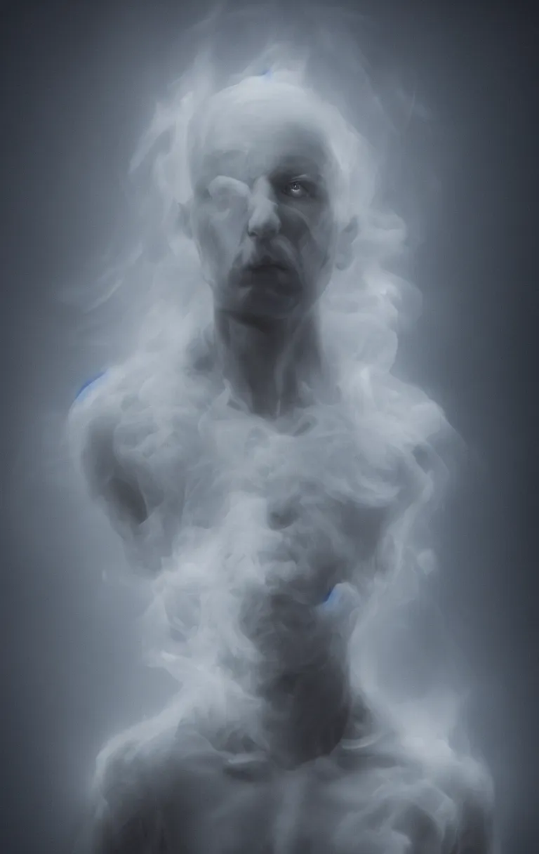 Image similar to portrait ghostly male figure, made of white and black smoke, warm light from behind, cinematic, hyper realistic, hyper detailed, octane render, blue eyes, 8K,