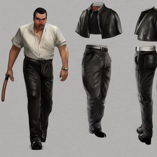 Image similar to a midage italian male, beardless, short black hair with gel, overweight, fine white shirt, leather belt, black pants, leather shoes, smoking a cigar, full body, gta v style, concept art, highly detailed, hyper realistic, unreal engine