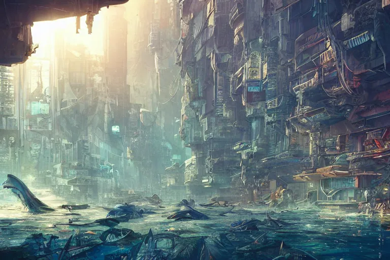 Image similar to a scenic view of an abandoned cyberpunk city under water, ray of sunlight, whale fall, fish flocks, Greg Rutkowski, Moebius, Mohrbacher, Mucha, blue and gold color scheme, ultra wide angle, light effect