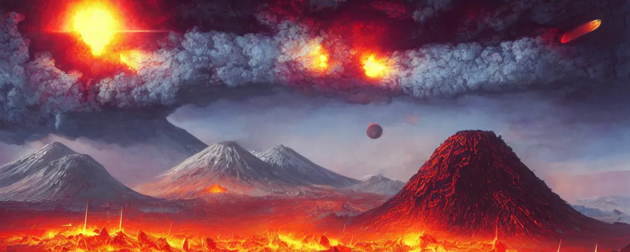 Image similar to ” outer planet with erupting volcanoes, [ art by paul lehr, cinematic, detailed, epic, widescreen, opening, establishing, mattepainting, photorealistic, realistic textures, octane render ] ”