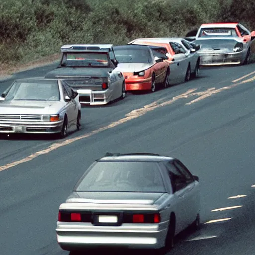 Image similar to jdm cars street racing in the 9 0 s with a nostaligc filter applied to the top