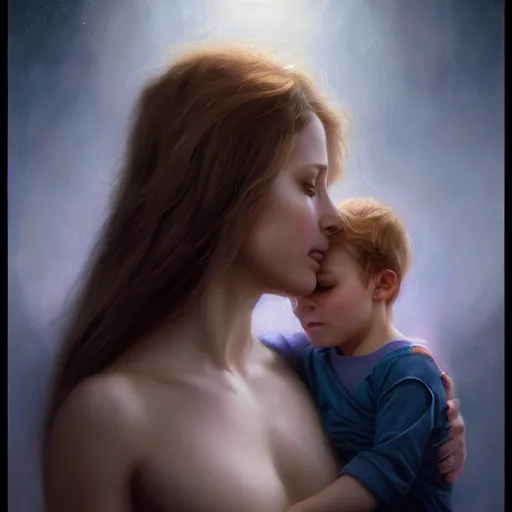 Image similar to pure love is patient love is kind, mother and child ; photorealistic oil painting by charlie bowater and mark brooks ; highly detailed cute faces by wlop ; trending on artstation ; 8 k high resolution, symmetrical, cinematic, high coherence, golden ratio, rule of thirds, perfectly centered anatomically accurate portraits