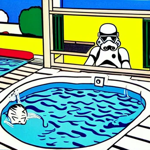 Image similar to hyperrealism composition of the japanese house with a hot springs in the garden, two detailed stormtroopers bathe in a hot spring, pop - art style, jacky tsai style, andy warhol style, roy lichtenstein style, round canvas, acrylic on canvas