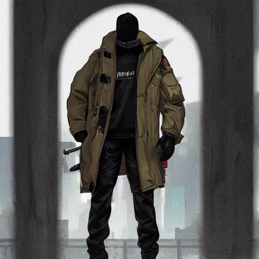 Image similar to A broad shouldered, muscular man wearing Acronym p-31 Ds pants and beige-earth Parka jacket and Nike Acronym presto sneakers, AWP sniper rifle slinging on back trending on r/techwearclothing, high quality, digital art, dirty cyberpunk city, rain, greg rutkowski