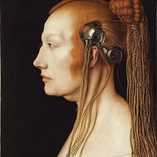 Prompt: side view portrait of cyborg kate moss by albrecht durer, william warehouse, jan van eyck