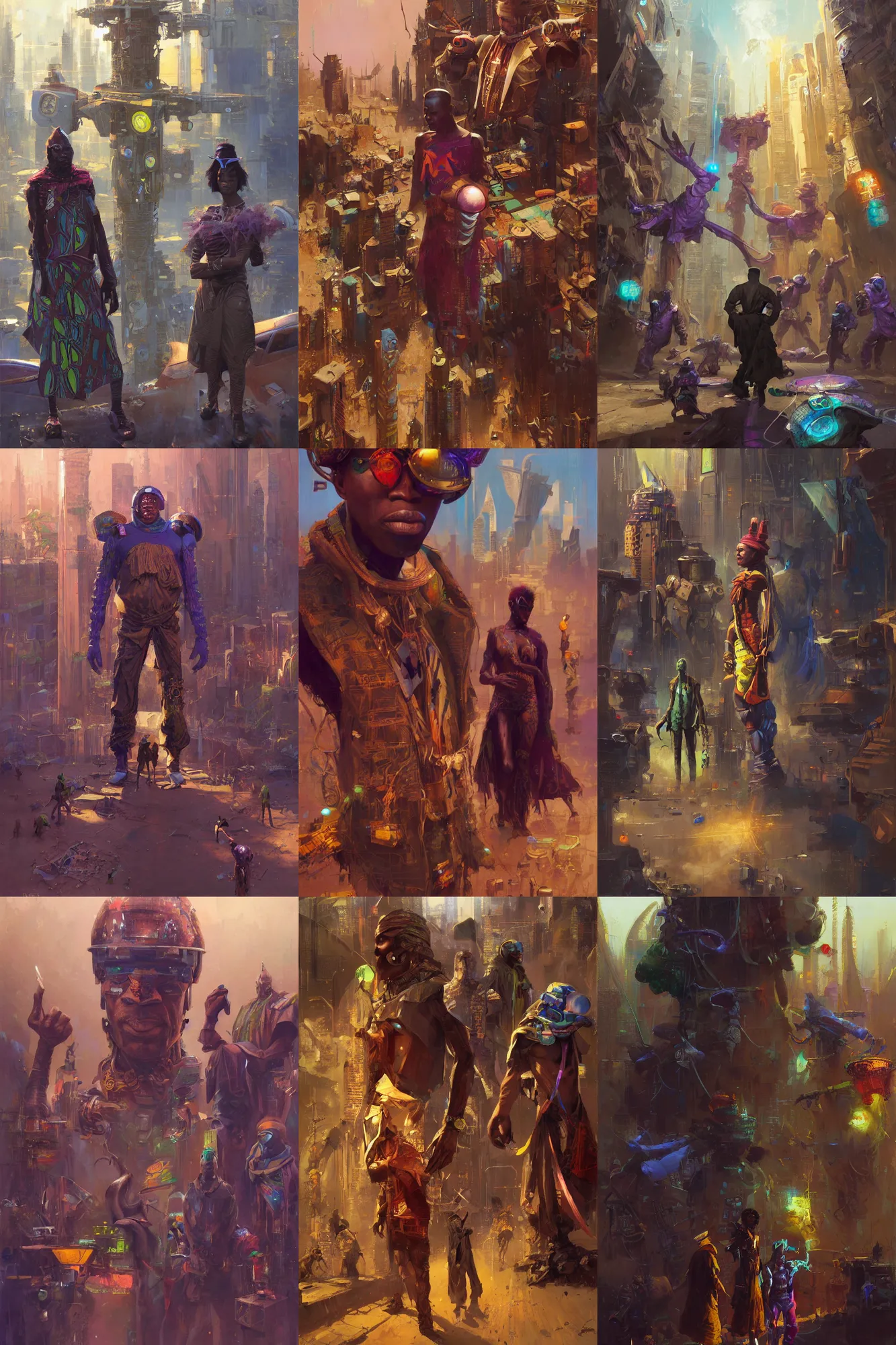 Prompt: African Cyberpunk Wizards, by Moebius, by Craig Mullins, ((by Mandy Jurgens)), oil on canvas