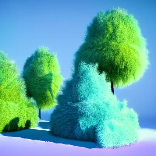 Image similar to Colorful fluffy trees made of fur in a field, Cinema4D render, volumetric lighting