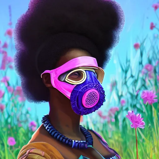 Prompt: a young black girl with colorful afro puffs wearing a gas mask in a field of flowers, Apex Legends character, digital illustration portrait design, by amanda sage and adi granov, retrowave color scheme, detailed, cinematic lighting, wide angle action dynamic portrait