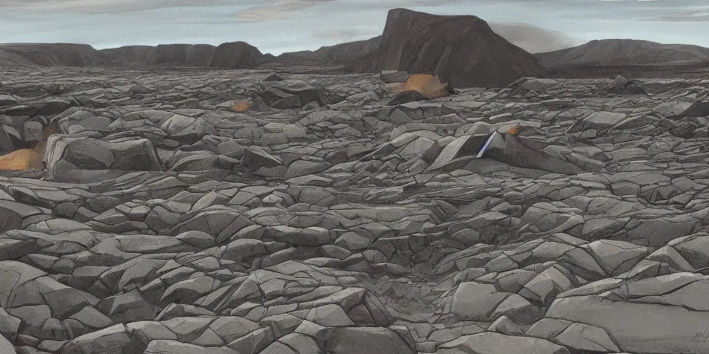 Image similar to barren icelandic landscape, dark gravel, huge abandoned mining equipment, style of ralph mcquarrie