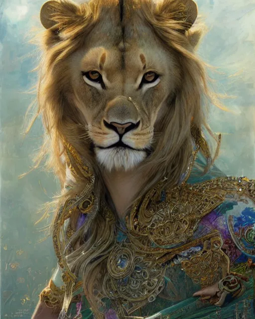 Prompt: highly detailed portrait of a majestic lioness queen in the form of a beautiful woman. d & d, art by donato giancola and ruan jia and carl larsson. trending on artstation, intricate details, energetic composition, golden ratio, concept art, illustration, elegant art