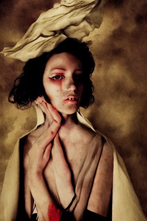 Image similar to hyperrealism close - up fashion portrait by roversi photo from the holy mountain by alejandro jodorowsky in style of francisco goya