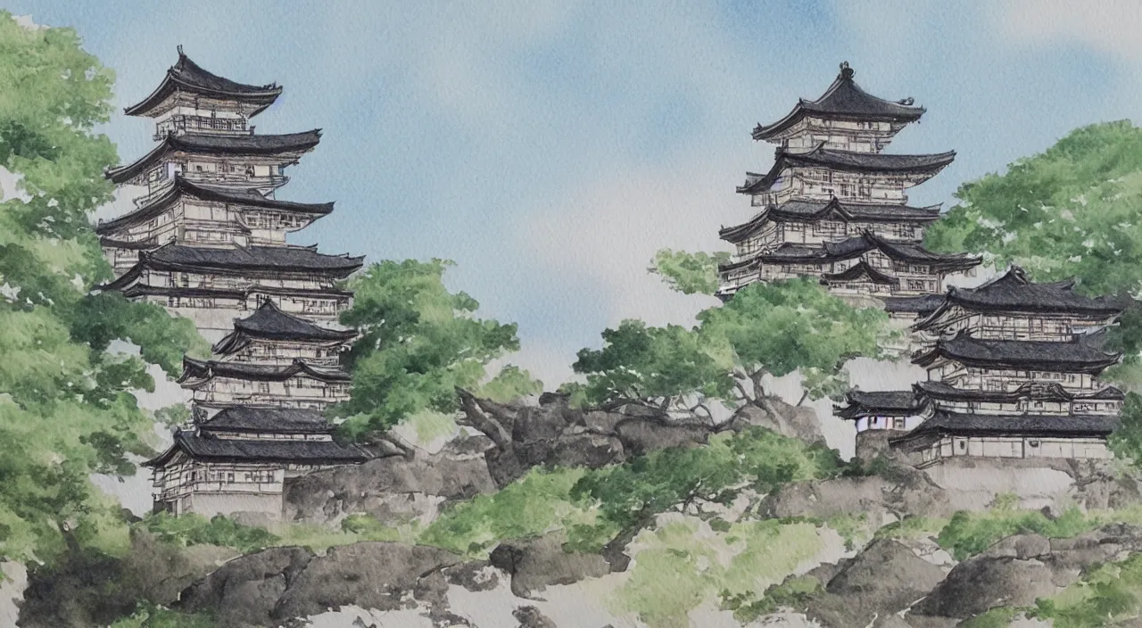 Prompt: a watercolour painting of a Japanese castle