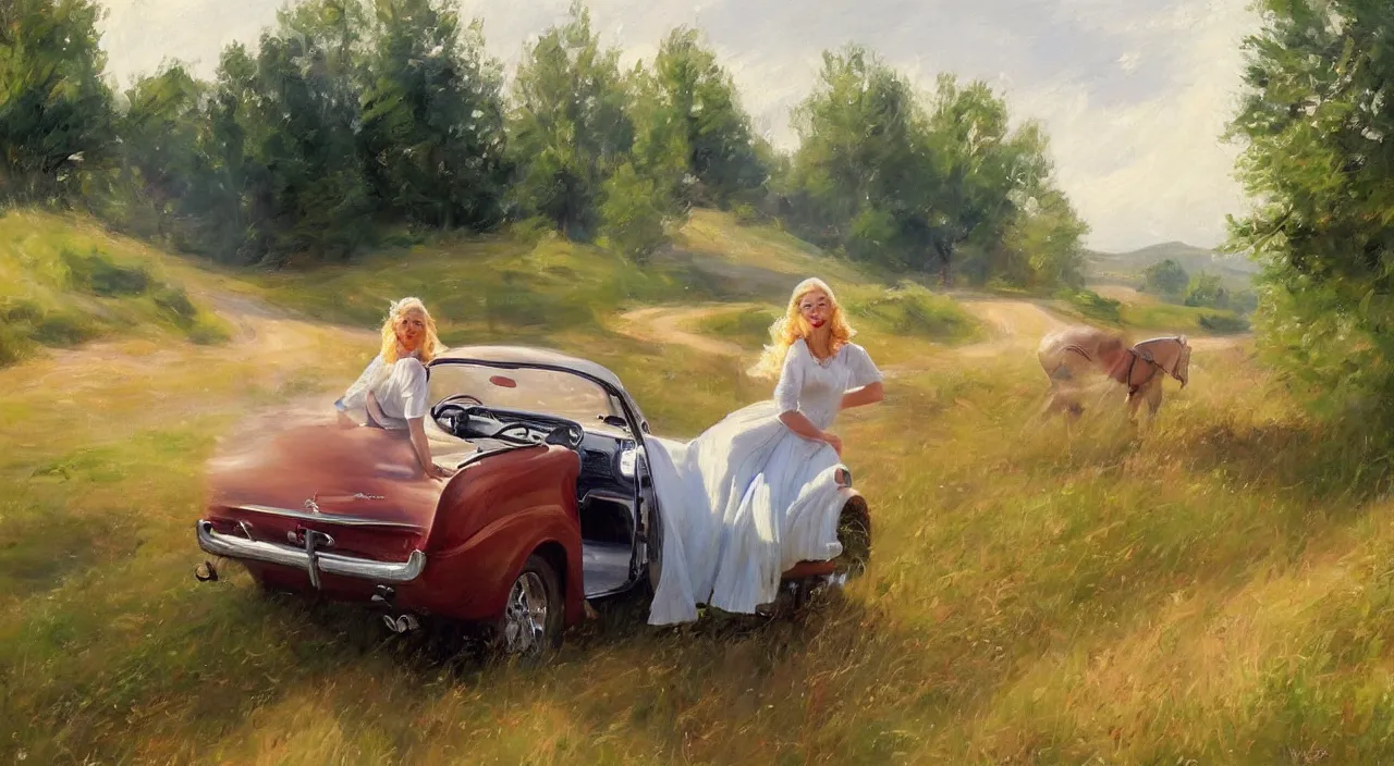 Image similar to 1950 blonde driving a mustang on a country road, Swedish countryside, freedom, dawn, impressionism, realistic, painting by Vladimir Volegov, artstation, beautiful, masterpiece